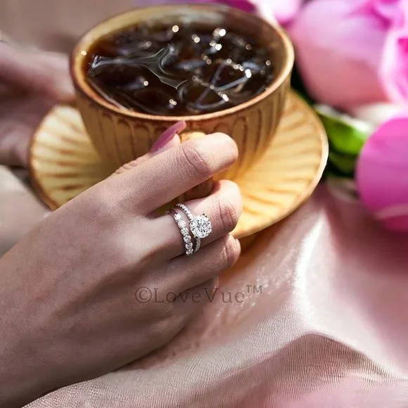 Certified 3ct. t.w. Diamond Moissanite Solitaire Pave Accent Wedding Ring - Picture 5 of 14